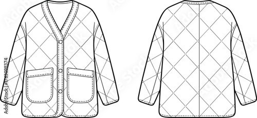 Quilted jacket flat sketch, fashion technical drawing, front and back view, vector CAD illustration, garment design template, apparel construction guide