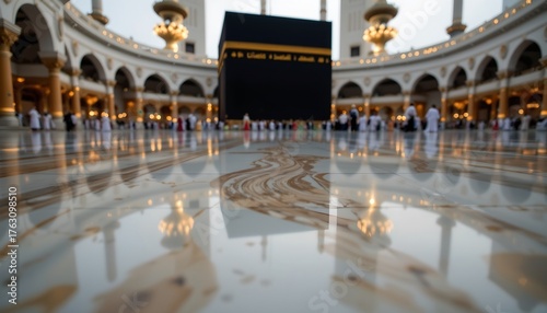 an indoor scene with a significant focus on a large, illuminated islamic prayer rug (mihrab) at the center of what appears to be a spacious room