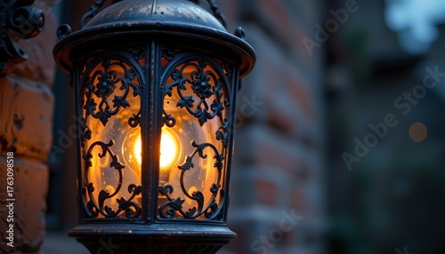 a rustic lantern with a glass frame and an intricate metal design is lit up on the side of a brick building, casting warm light onto the wall.