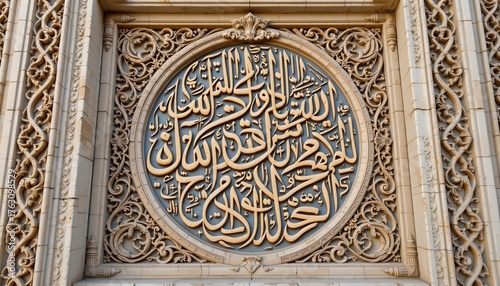 an intricately designed archway with religious text, situated within a building that appears to be constructed from brick