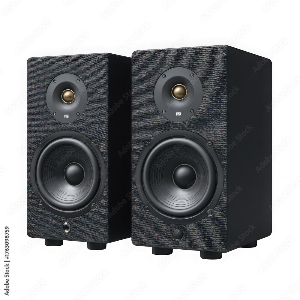 Obraz premium Two modern black bookshelf stereo speakers with textured fronts and visible cones isolated on transparent background