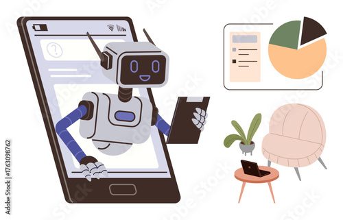 Robot extending from phone holding device, analyzing pie chart and document. Next table, plant, and chair with laptop. Ideal for automation, AI, virtual assistant, machine learning innovation data