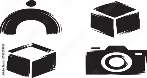 Abstract Brush Stroke Vector Set – Dome, Cube, and Camera Icons