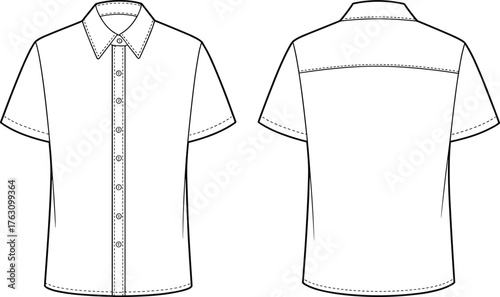 Short sleeve button up shirt flat sketch, cad drawing flat vector illustration, apparel fashion template, garment technical design, clothing construction outline