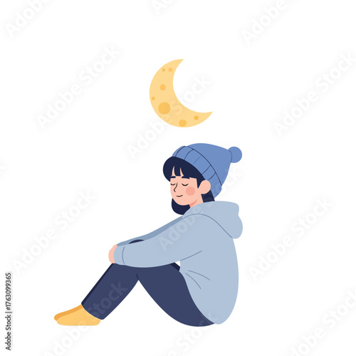 Dreamy girl in beanie hugging knees under crescent moon for peaceful sleep