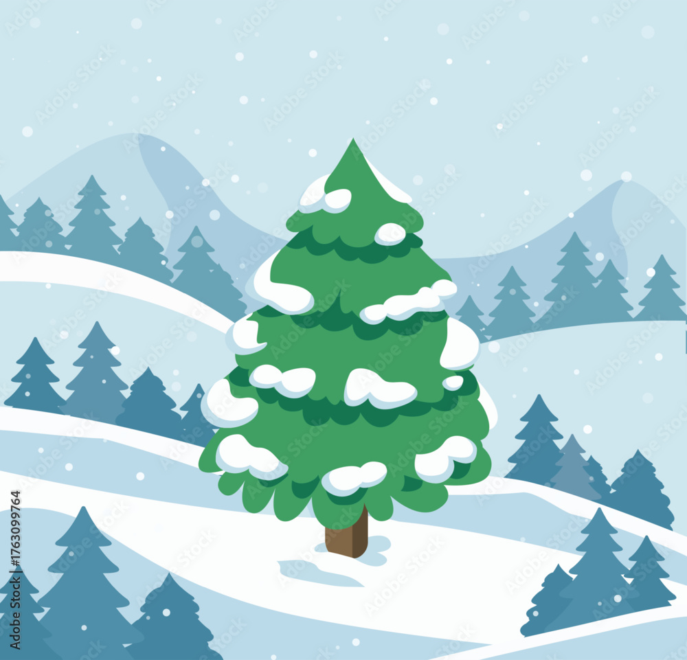 Obraz premium Winter Christmas tree landscape. Snowy pine forest illustration.