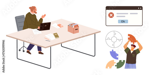 Professional using laptop at desk, error message dialog on screen, person arranging puzzle pieces. Ideal for teamwork, problem-solving, decision-making, system error, creativity, collaboration