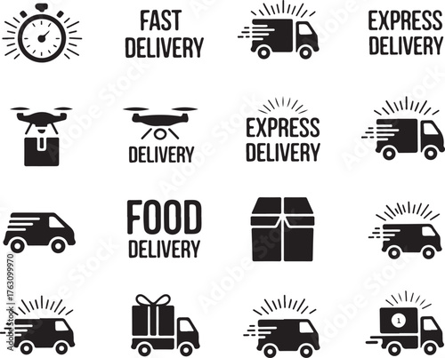 Delivery Icons for Fast, Express, and Food Delivery Services in Black and White
