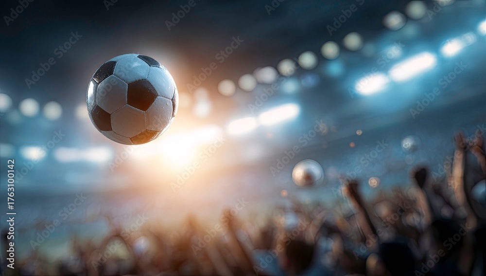Fototapeta premium Soccer ball soaring through stadium lights with cheering crowd below