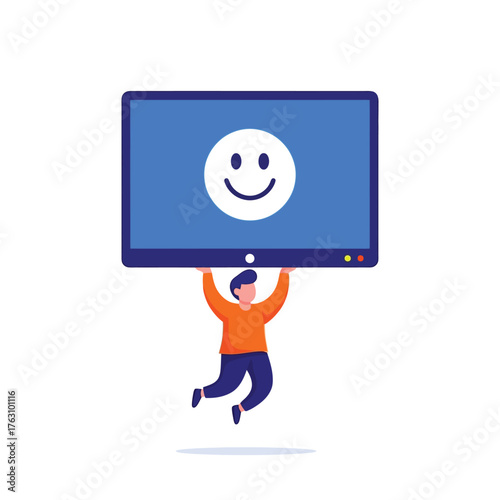 Cheerful man holding monitor with happy face expressing joy, positivity