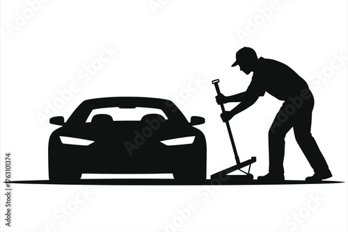 Mechanic Using Car Jack – Auto Repair Silhouette, Garage Technician Lifting Vehicle for Maintenance, Undercarriage Service, Professional Mechanic at Work, Tire Change & Suspension Repair Scene