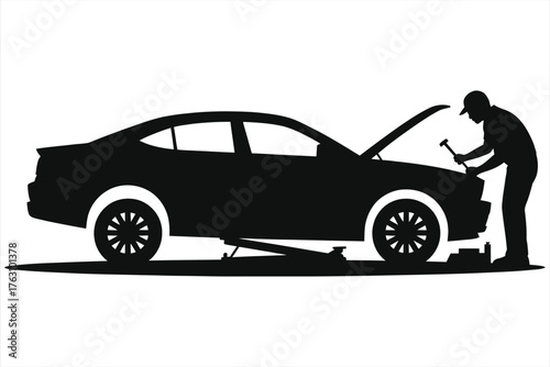 Mechanic using a jack to lift a car for repair. Auto maintenance and service concept. Black and white vector silhouette illustration.