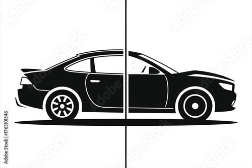 Split car silhouette vector. Broken automobile icon representing damage, insurance claim, or before and after repair concept. Isolated black vehicle halved by crack on white background.