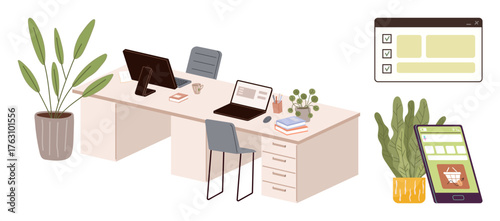 Workspace with desk, computer, laptop, chair, and decor. Includes plants, task checklist, mobile shopping app. Ideal for productivity remote work e-commerce organization minimalism tech use