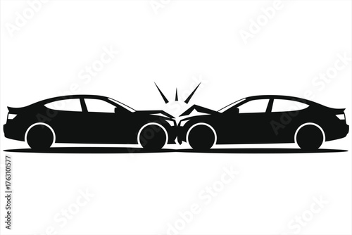 Head-on car collision icon: two sedans crashing front to front, vehicle accident silhouette, car crash concept, automotive damage, road safety, accident illustration for insurance and repair services.