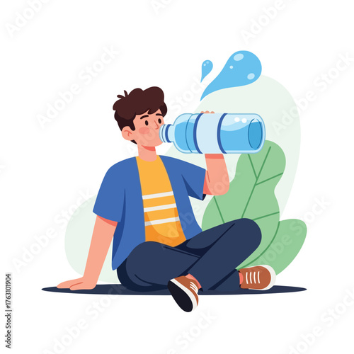 Stay hydrated young man drinking water from bottle sitting in nature