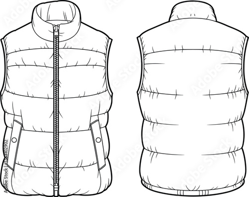 Sleeveless puffer vest technical flat sketch, quilted winter jacket fashion CAD drawing, front and back view vector il