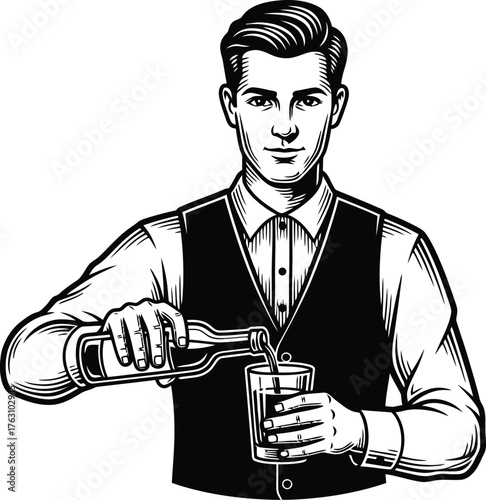 Vintage barman crafting drinks expertly with tools for sophisticated cocktail preparation flat design vector illustration isolated on transparent background