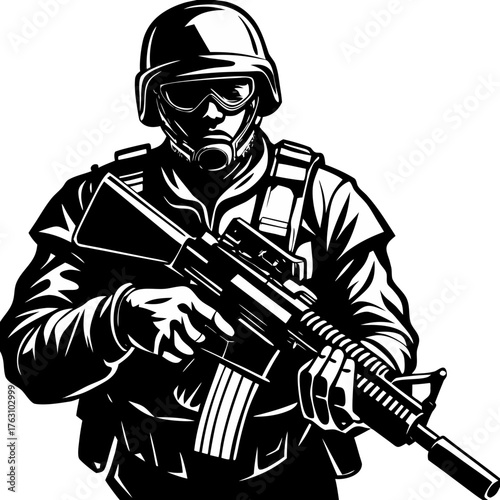 Military Soldier Aiming Rifle Silhouette Vector Icon, War and Combat Action Graphic