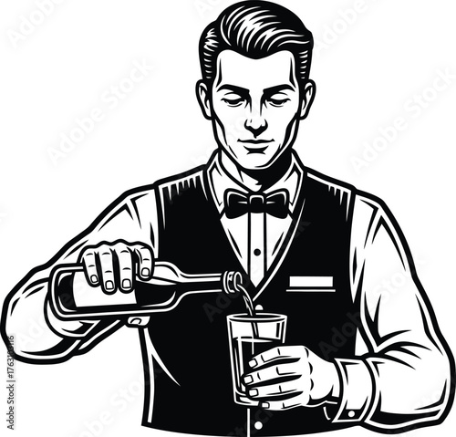 Elegant bartender pouring champagne into glass artistic sketch vintage style flat design vector illustration isolated on transparent background