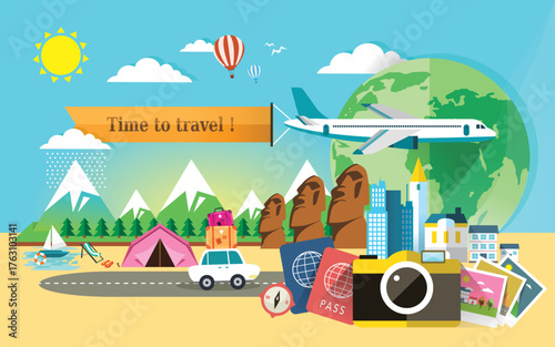 summer holiday Presents a travel scene with a plane, hot air balloon, and landmarks. Full-frame composition, multicolor tone. Flat design style, travel background, with “Time to travel” text.