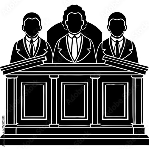 Three Judges Panel on Bench Silhouette Icon, Courtroom Justice Legal Vector