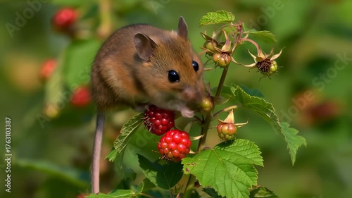 A small, brown mouse enjoys eating ripe raspberries on a bush