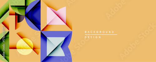 Abstract geometric composition. Overlapping shapes create dynamic visual effect. Warm beige background complements vibrant colors, offering modern design element.