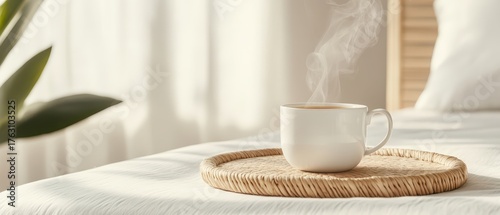 Hot steaming cup of coffee on a woven tray on a bed in a bright room, morning calm and relaxation, wellness morning concept.