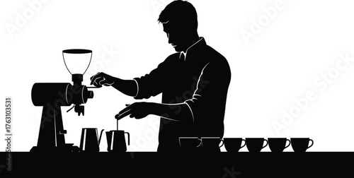 Barista silhouette preparing coffee with grinder and cups expertise craftsmanship lifestyle beverage flat design vector illustration isolated on transparent background