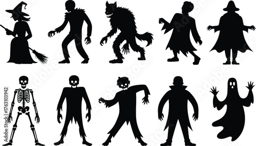 Halloween monster silhouette illustration with witch, vampire, zombie, ghost, skeleton, and werewolf characters for spooky horror vector design.
