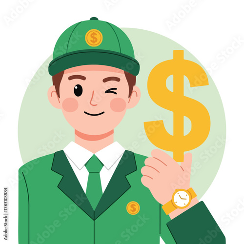 Whimsical character holding dollar sign, winking for financial success