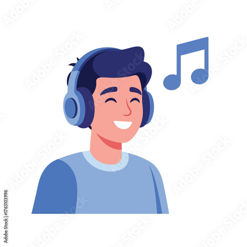 Happy young man listening to music with headphones and smiling brightly