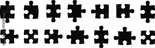 Set of black jigsaw puzzle piece silhouettes in various shapes, ideal for logic games, pattern design, and educational vector content.