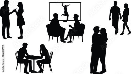Silhouette illustration of couples interacting, dating, watching TV, talking, walking, and hugging, representing love, communication, and relationship concept design.