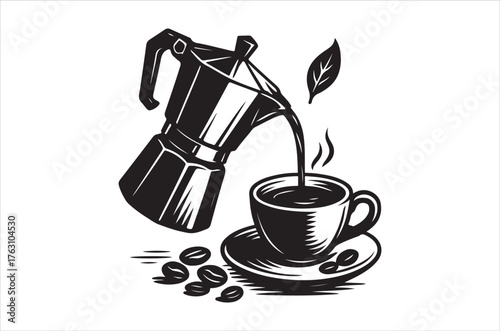 Black and white illustration of a stovetop espresso maker pouring coffee