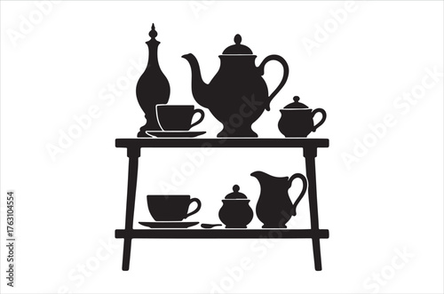 A simple black silhouette of a small shelf with teaware items