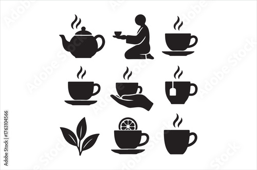 Black silhouettes depicting tea time elements and refreshing beverage components