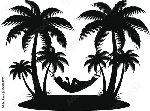 Silhouetted palm trees and hammock scene depicting tropical relaxation and vacation vibes flat design vector illustration isolated on transparent background