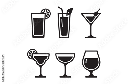 Black and white illustration of various cocktail and drink glassware icons