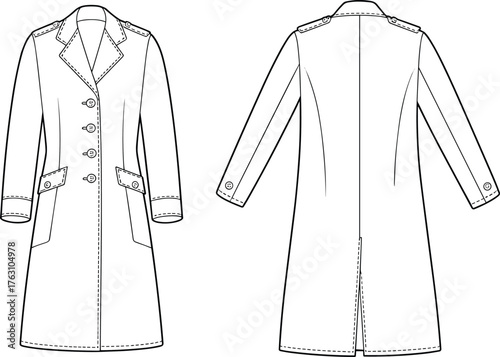 Women’s long coat flat sketch, technical fashion drawing, vector illustration, tailored outerwear design, front and back view apparel CAD template