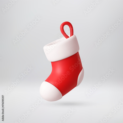 Red Christmas stocking with white trim. Traditional holiday decoration for New Year. Festive winter apparel design for seasonal celebration. 3D Vector illustration
