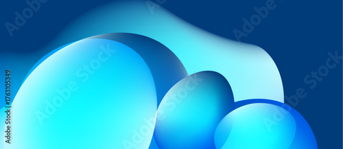 Abstract blue shapes overlap, creating fluid forms. Gradient shades suggest depth, light, smooth texture. Minimalist design evokes calm atmosphere.