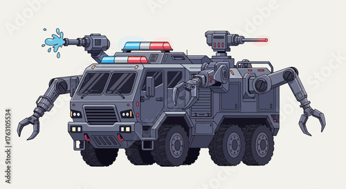 Konstfotografi Advanced Tactical Response Vehicle with Robotic Arms and Emergency Lights