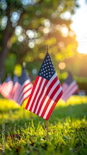 Small American flags in grass, sunlit