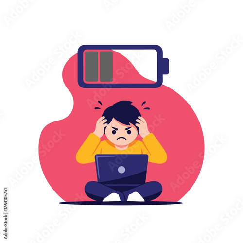 Stressed student with laptop feeling burnout from digital fatigue now