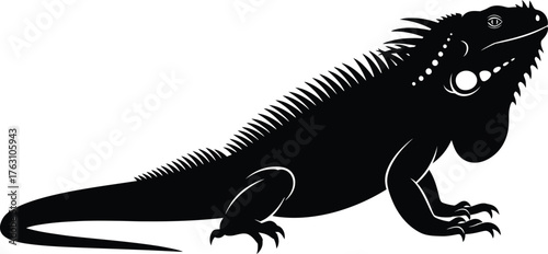 Striking black silhouette of an iguana reptile detailed texture and form flat design vector illustration isolated on transparent background