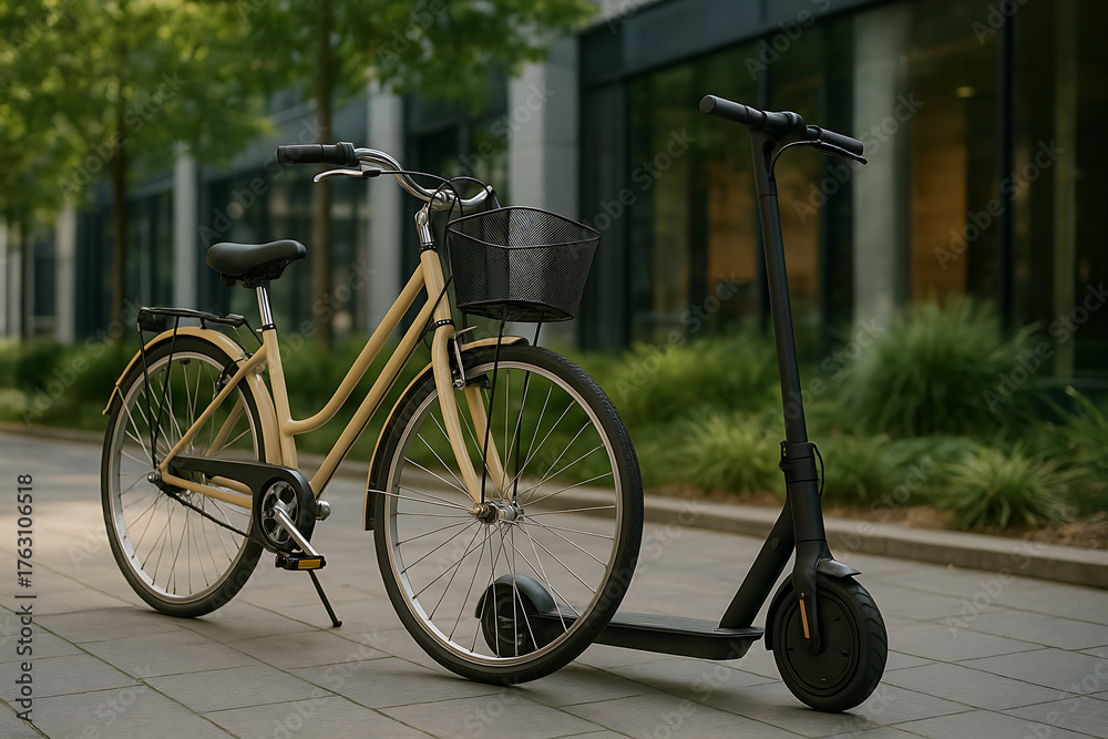 Obraz premium Bicycle and Electric Scooter in Modern Urban Environment