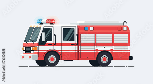 Bright red fire truck ready to respond to emergency situations with sirens.