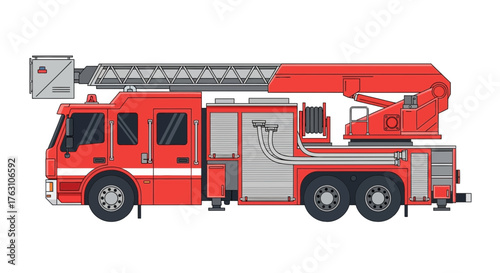 Bright red fire truck with extended ladder ready for emergency response 1.